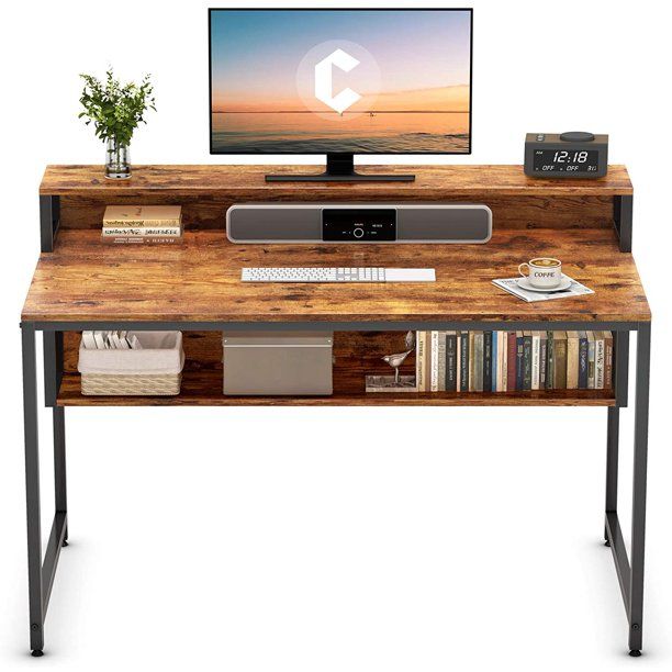 Photo 1 of Cubicubi 47" Computer Desk with Storage Shelf and Bookshelf, Rustic Brown Finish
