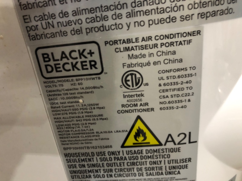 Photo 7 of Black & Decker 10,000 Btu Sacc or 14,000 Btu Ashrae 128 Portable Air Conditioner
