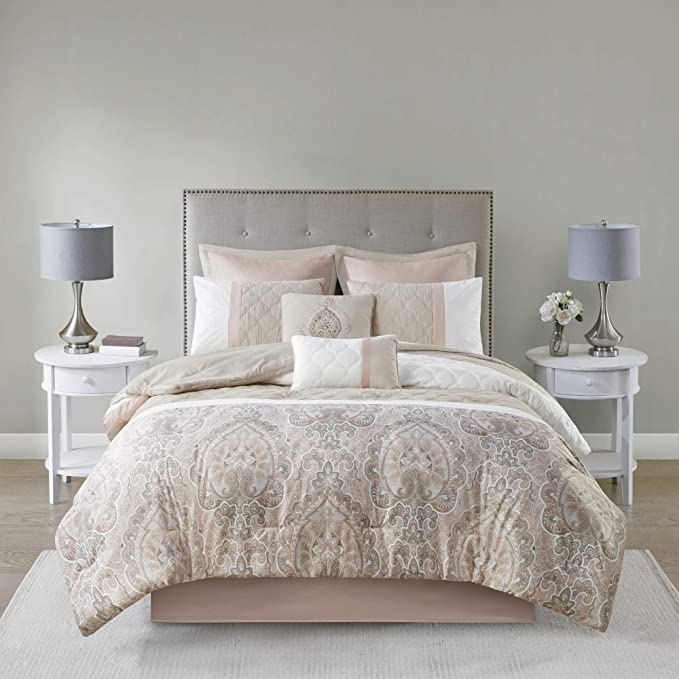 Photo 1 of 510 Design Luxe Quilted Comforter Set Modern Transitional Design, All Season Down Alternative Warm Bedding Matching Shams, Bedskirt, Decorative Pillow, Cal King, Shawnee Scrollwork Blush
