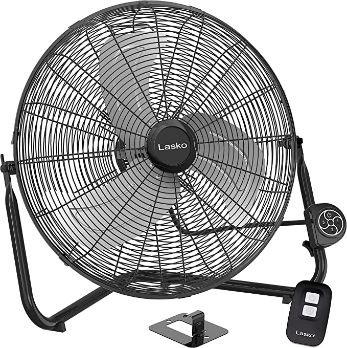 Photo 1 of Lasko Metal Commercial Grade Electric Plug-In High Velocity Floor Fan with Wall Mount Option and Remote Control for Indoor Home, Bedroom, Garage, Basement, and Work Shop Use, Black H20660
