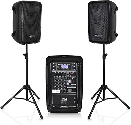 Photo 1 of PA Speaker DJ Mixer Bundle - 300 W Portable Wireless Bluetooth Sound System w/ USB SD XLR 1/4" RCA Inputs - Dual Speaker, Mixer, Microphone, Stand, Cable - Home/Outdoor Party - Pyle PPHP28AMX,Black
