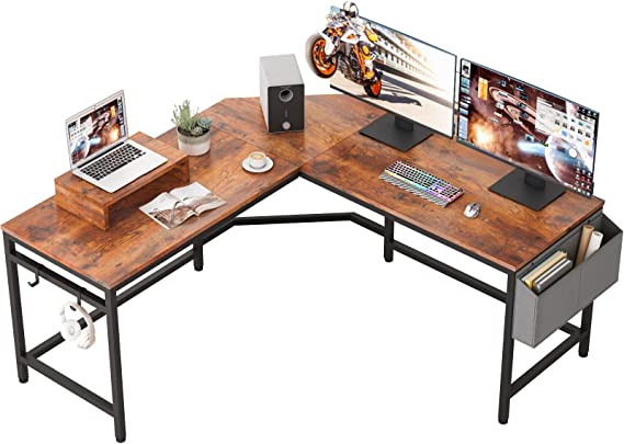 Photo 1 of Furologee Dual 59" L Shaped Computer Desk with Monitor Stand and Storage Bag, Large Gaming Desk, Modern Corner Desk with 2 Hooks Writing Study Workstation for Home Office, Space-Saving, Rustic Brown
