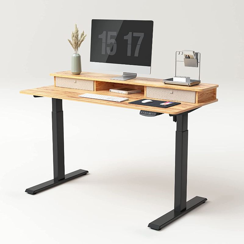 Photo 1 of BANTI Electric Standing Desk with Double Drawers, 55x24 Inches Adjustable Height Stand Up Desk, Sit Stand Home Office Desk with Storage Shelf, Light Rustic Brown Top/Black Frame

