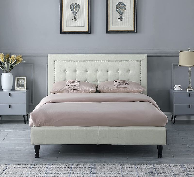 Photo 1 of ***INCOMPLETE*** Home Life Athena II Premiere Classics Upholstered Linen Cloth Platform Bed II Button Tufted II 43.5" Tall Headboard II Queen furbed211_Queen_Beige
