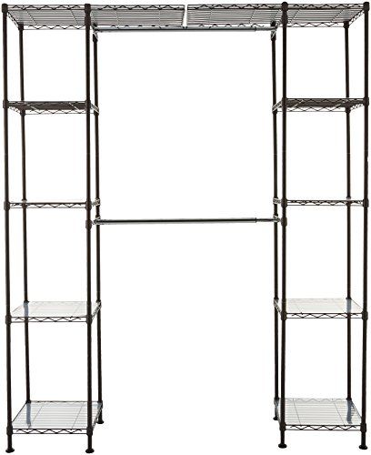 Photo 1 of Amazon Basics Expandable Metal Hanging Storage Organizer Rack Wardrobe with Shelves, 14"-63" X 58"-72", Bronze
