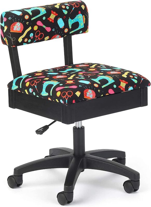 Photo 1 of Arrow H7013B Adjustable Height Hydraulic Sewing and Craft Chair with Under Seat Storage and Printed Fabric by Riley Black, Black Notions Upholstery
