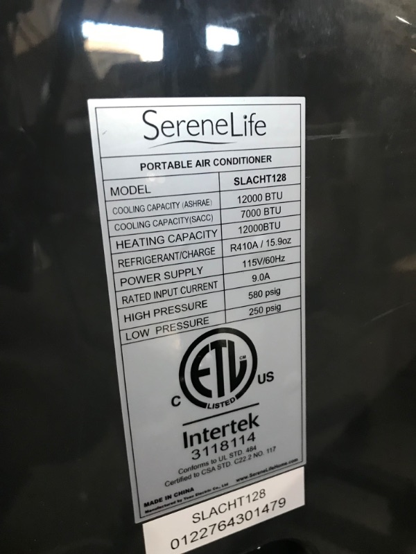 Photo 5 of INCOMPLETE SereneLife SLACHT128 Portable Air Conditioner Compact Home AC Cooling Unit with Built-in Dehumidifier & Fan Modes, Quiet Operation, Includes Window Mount Kit, 12,000 BTU + HEAT, White
**MISSING REMOTE**DOESN'T GET COLD**
