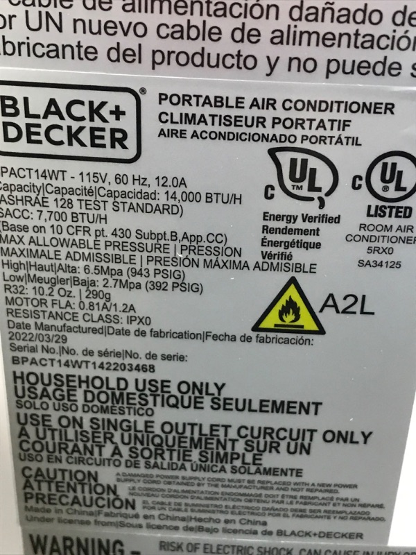 Photo 6 of BLACK+DECKER 8,000 BTU DOE (14,000 BTU ASHRAE) Portable Air Conditioner with Remote Control, White
.**MISSING TUBE COMPONENT**