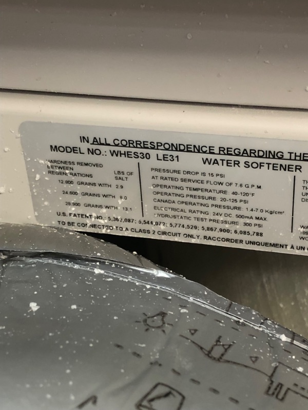 Photo 2 of ***INCOMPLETE** Whirlpool WHES30E 30,000 Grain Softener | Salt & Water Saving Technology | NSF Certified | Automatic Whole House Soft Water Regeneration, 0.75 inches, Off-White
