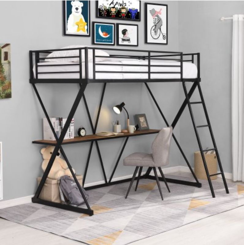 Photo 1 of **INCOMPLETE box 1 of 2 only **SHA CERLIN Metal Twin Size Loft Beds Frame with Stairs & Full-Length Guardrail, Space-Saving, Fit Kids and Adult, Noise Free, Black

