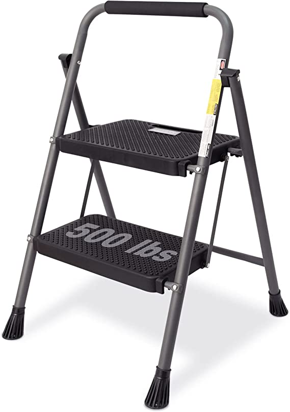 Photo 1 of 2 Step Ladder, GOLYTON 2 Lightweight Folding Step Stool with Wide Anti-Slip Pedal and Comfort Handgrip, Lightweight 500lbs Portable Steel Ladder Multi-Use Household and Office, Grey
