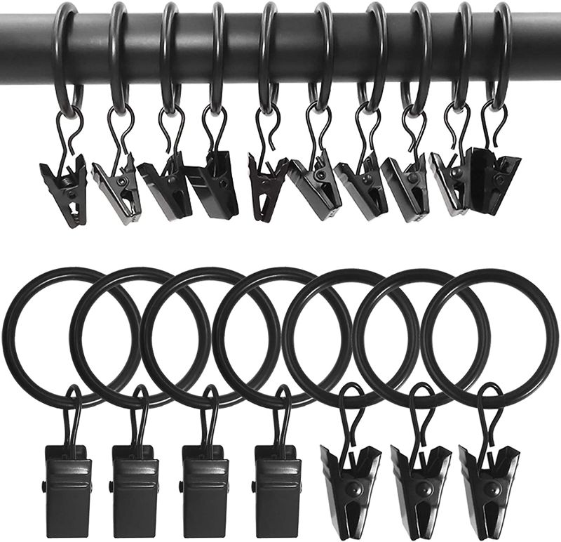 Photo 1 of AMZSEVEN 100 Pack Metal Curtain Rings with Clips, Curtain Hangers Clips, Drapery Clips with Rings, Drapes Rings 1 in Interior Diameter, Fits Diameter 5/8 in Curtain Rod, Vintage Black
