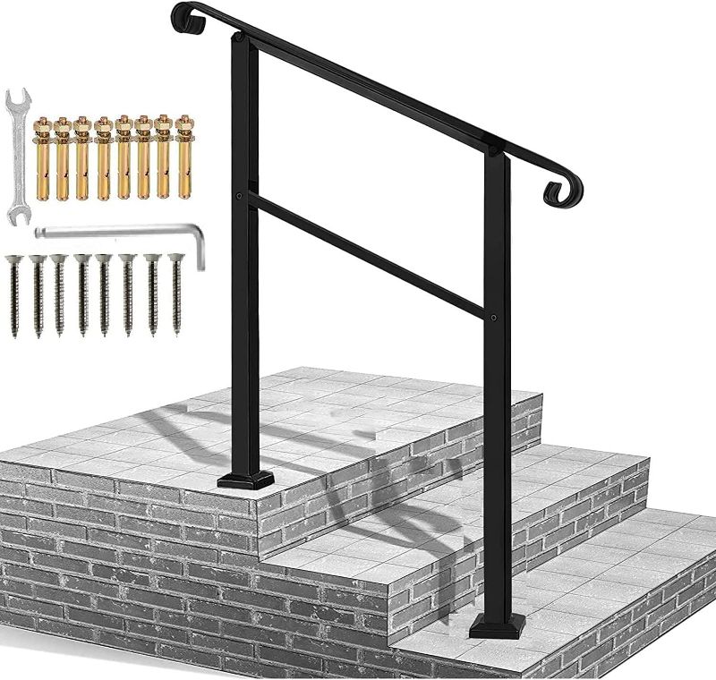 Photo 1 of Handrails for Outdoor Steps,3 Step Handrail Fits 1 to 3 Steps Mattle Wrought Iron Handrail Stair Rail?Transitional Handrail with Installation Kit ,Black Hand Rails for Outdoor Steps?Patent Pending?
