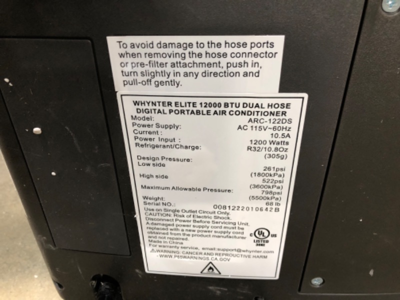 Photo 6 of Whynter ARC-122DS 12,000 BTU (7,000 BTU SACC) Elite Dual Hose Portable Air Conditioner, Dehumidifier, and Fan with Activated Carbon Filter and Storage bag, up to 400 sq ft in Grey
