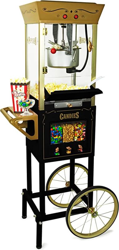 Photo 1 of Nostalgia Popcorn Maker Professional Cart, 8 Oz Kettle Makes Up to 32 Cups, Vintage Movie Theater Popcorn Machine with Three Candy Dispensers and Interior Light, Measuring Spoons and Scoop, Black
