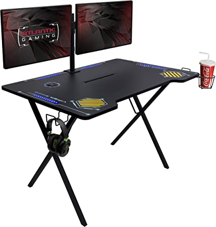 Photo 1 of Atlantic Viper 3000 Gaming Desk – Single Laminated Surface, Heavy-Duty Steel X-Legs, Integrated LED, 3 USB 3.0 Ports, Smart Device Slot, Surge Protector Tray, Headset Hooks, PN 33906164 - Black

