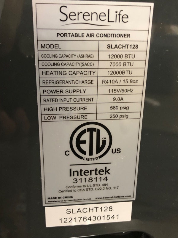 Photo 1 of INCOMPLETE, DAMAGE, SereneLife SLACHT128 Portable Air Conditioner Compact Home AC Cooling Unit with Built-in Dehumidifier & Fan Modes, Quiet Operation, Includes Window Mount Kit, 12,000 BTU + HEAT, White
**MISSING REMOTE, 1 BROKEN WHEEL**