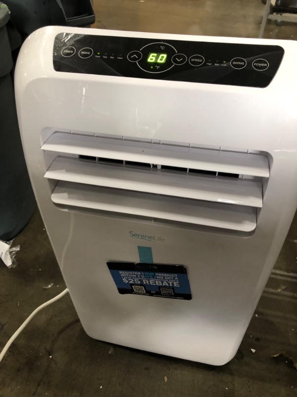 Photo 5 of INCOMPLETE, DAMAGE, SereneLife SLACHT128 Portable Air Conditioner Compact Home AC Cooling Unit with Built-in Dehumidifier & Fan Modes, Quiet Operation, Includes Window Mount Kit, 12,000 BTU + HEAT, White
**MISSING REMOTE, 1 BROKEN WHEEL**