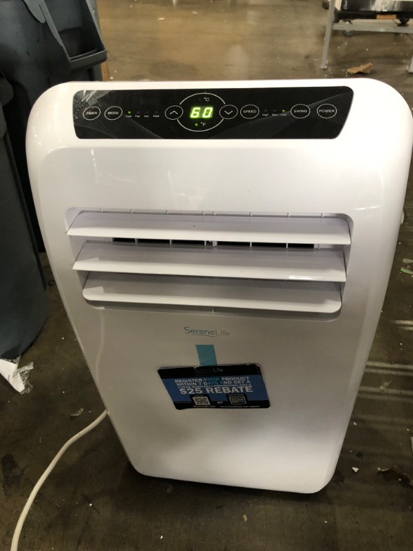 Photo 4 of INCOMPLETE, DAMAGE, SereneLife SLACHT128 Portable Air Conditioner Compact Home AC Cooling Unit with Built-in Dehumidifier & Fan Modes, Quiet Operation, Includes Window Mount Kit, 12,000 BTU + HEAT, White
**MISSING REMOTE, 1 BROKEN WHEEL**