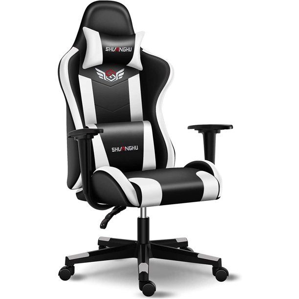 Photo 1 of Shuanghu Lumbar Support & Adjustable Swivel Gaming Chair, Black and White