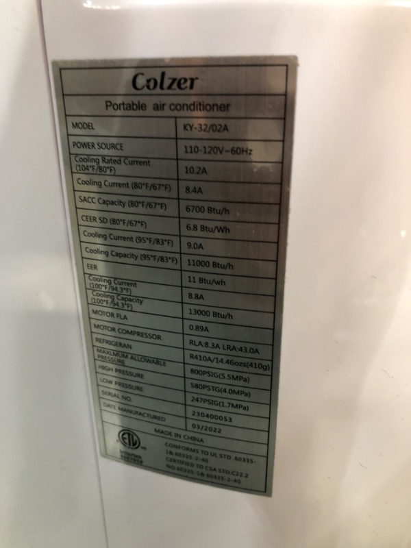 Photo 1 of **INCOMPLETE, COOLER ONLY, MISSING HARDWARE/REMOTE** 
14,000 BTU Portable AC 3-in-1 Air Conditioner for 200-500 sq ft Room | Colzer KY-32/02A
