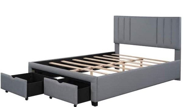 Photo 1 of 75 in. W Gray Full Size Upholstered Platform Bed with 2-Storage Drawers, Upholstered Bed Frame with Headboard