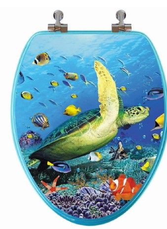 Photo 1 of 3D Ocean Series Sea Turtle Elongated Closed Front Toilet Seat in Blue
