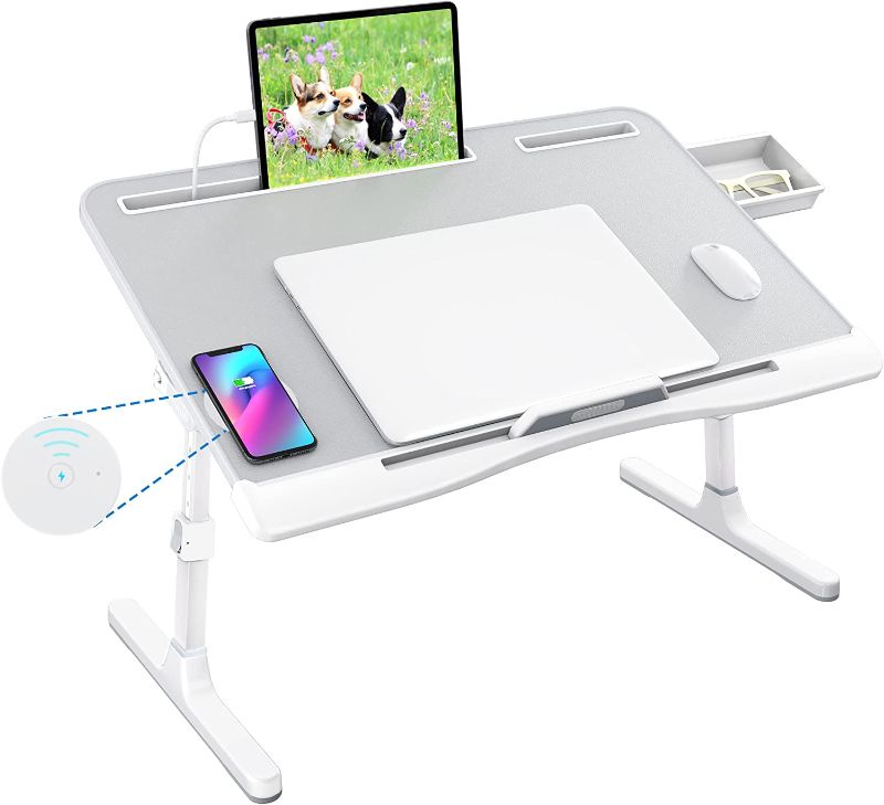 Photo 1 of Foldable Laptop Bed Desk with Charger(Wireless & USB),PVC Leather Adjustable Laptop Bed Tray Table with Tilting and Height,Portable Laptop Lap Desk with Storage Drawer(No Cable Included)
