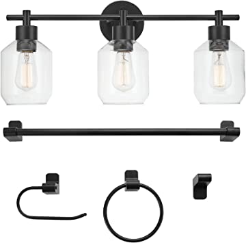 Photo 1 of ***Missing two clear glass  shades***Globe Electric 65556 Cannes 5-Piece All-in-One Bathroom Set, Matte Black, 3-Light Vanity Light with Clear Glass Shades, Towel Bar, Toilet Paper Holder, Towel Ring, Robe Hook, Matte Black (5-Piece)
