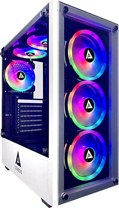 Photo 1 of Apevia G-PRO-WH Genesis Pro Mid Tower Gaming Case with 2 x Tempered Glass Panel, Top USB3.0/USB2.0/Audio Ports, 6 x RGB Fans, White Frame
