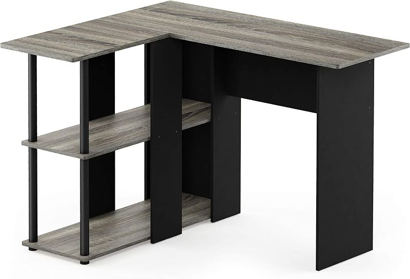 Photo 2 of FURINNO Abbott L-Shape Desk with Bookshelf, French Oak Grey/Black,