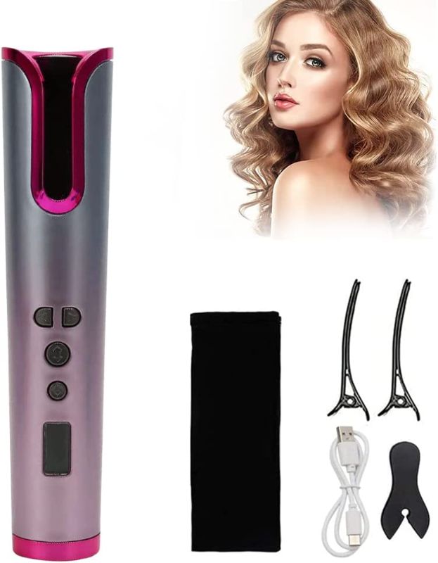 Photo 1 of Multifunctional Automatic Hair Curler with LCD Display, Adjustable Temperature and Timer, Portable Rechargeable Rotating Ceramic Barrel Hair Curler, Fast Heating Automatic Hair Curler (Pink)
