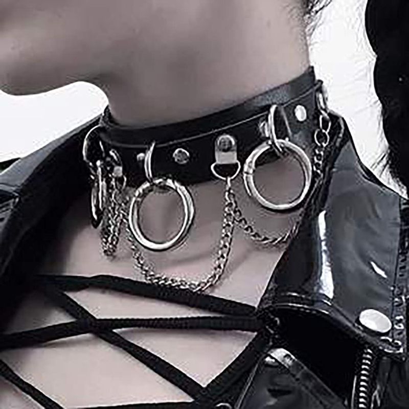 Photo 1 of Flosy Gothic Black PU Leather Choker Necklaces Circle Collar Choker Jewelry Adjustable for Women and Girls
