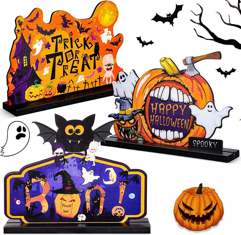 Photo 1 of 3 Pieces Happy Halloween Wooden Centerpiece Table Signs Halloween Decorations Trick or Treat Wooden Plaques with Pumpkin Ghost Hat for Halloween Party Living Dining Room Coffee Table Top Decoration