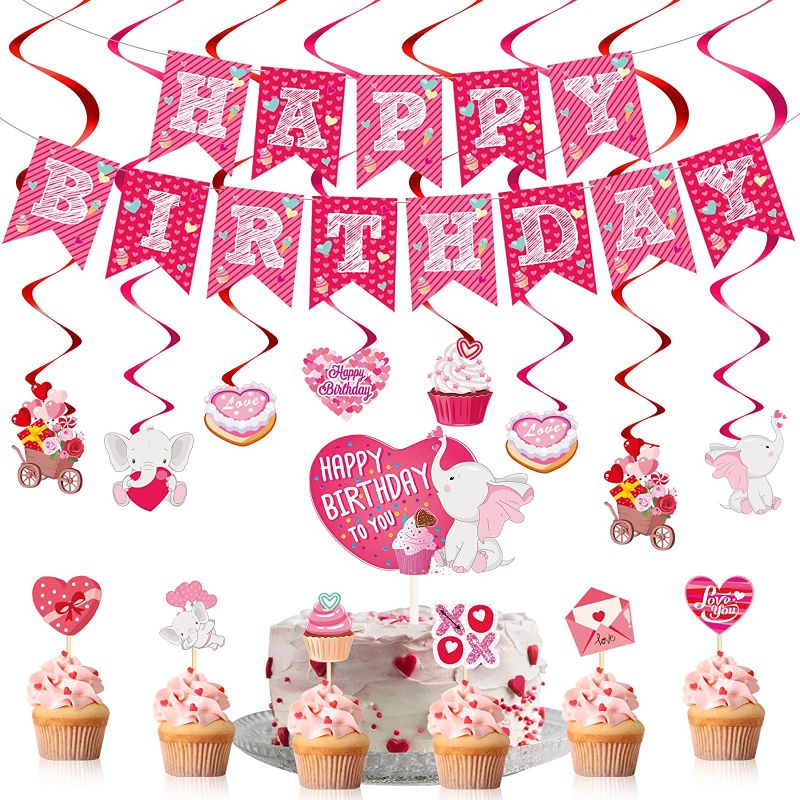 Photo 1 of 38 Pieces Pink Happy Birthday Banner Valentine's Birthday Party Decorations Heart Birthday Cake Topper Elephant Birthday Hanging Swirls Decorations for Birthday Baby Shower Valentine's Day Party Decor
