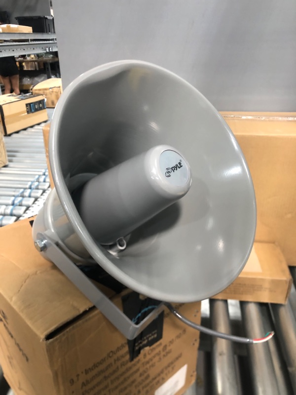 Photo 1 of Indoor Outdoor PA Horn Speaker - 9.7 Inch 20-Watt Power Compact Loud Sound Megaphone w/ 400Hz-5KHz Frequency, 8 Ohm, 70V Transformer, Mounting For 70V Audio System - PyleHome PHSP101T (Gray) Grey
