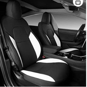 Photo 1 of ***FRONT SEAT ONLY*** Xipoo Fit Tesla Model 3 Model Y Car Seat Cover PU Leather Cover All Season Protection for Tesla Model 3 2017-2022 Model Y 2020 2021 2022 (Black+White-PU, Model 3/Y(5 Pcs))
