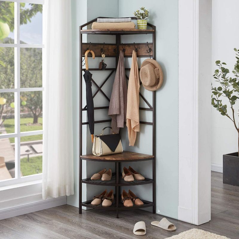 Photo 1 of GiftGo BLACK Corner Hall Tree with Shoe Bench Entryway Coat Rack with 10 Metal Movable Hooks Rustic Farmhouse Freestanding Clothes Rack Shoes Shelf Organizer for Home Office Bedroom 