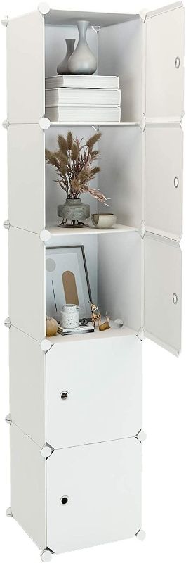 Photo 1 of Aeitc Cube Storage Organizer 5-Cube (11.8"x11.8") Narrow Cabinet Closet Storage Shelves Plastic Storage Shelving for Bedroom, Living Room, Office, White with Doors
