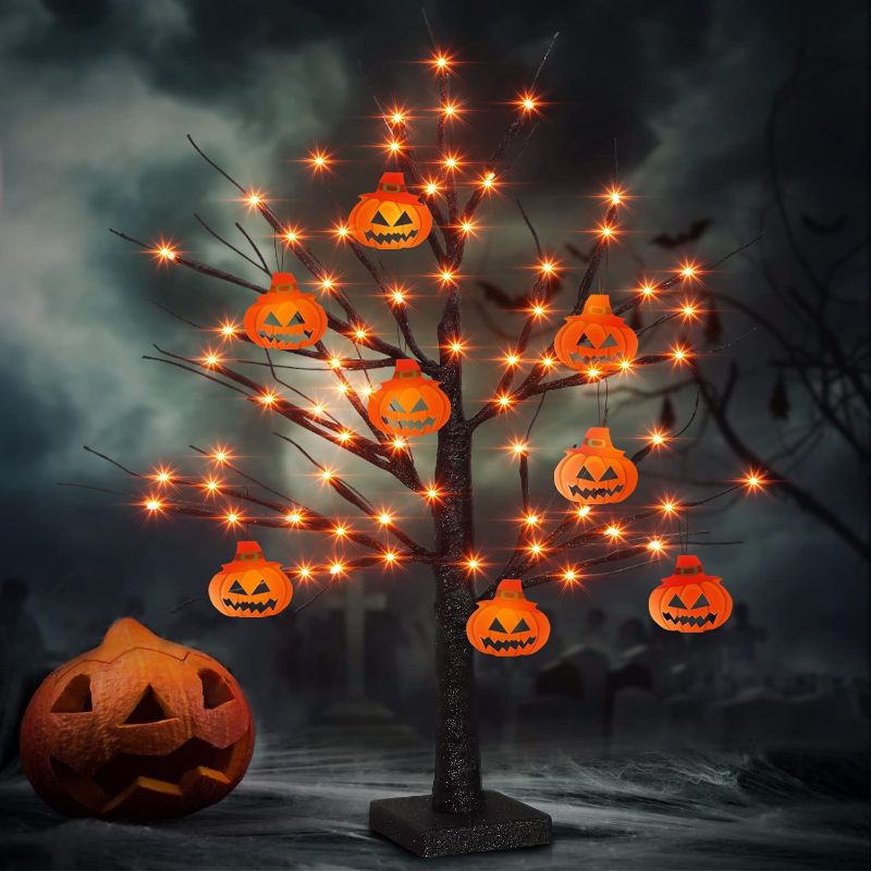 Photo 1 of 2FT 48 LED Black Halloween Tree with Orange Lights, Upgraded Black Glittered Spooky Tree with 8 Pumpkin Pendants, 6-Hours Timer, Battery Operated Halloween Ornaments for Indoor Tabletop Decoration
