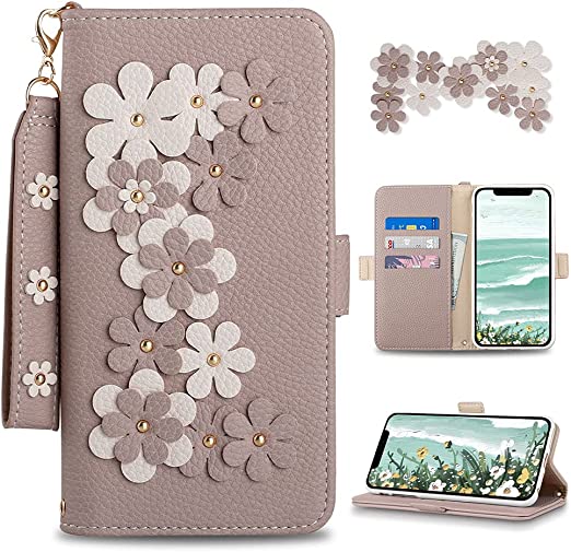 Photo 1 of 3CCart iPhone 12 Wallet Case with Kickstand, Wrist Strap iPhone 12 Pro Flip Case for Women & Girl Floral Design, with Card Holder PU Leather Phone Wallet Case for iPhone 12/12 Pro 6.1" Apricot Pink
