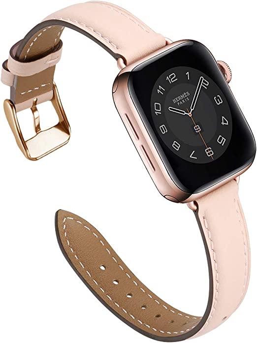 Photo 1 of M MARGMATIVO Compatible with Apple Watch Band 42mm 44mm 45mm, Soft Leather Wristbands Replacement Strap with Classic Clasp for iWatch Series SE 7 6 5 4 3 2 1 for Women Men Sport(PinkSand/RoseGold)
