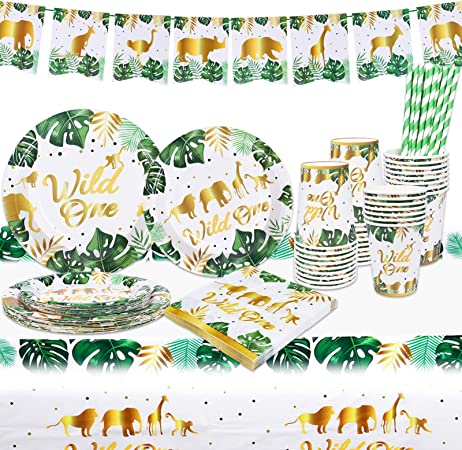 Photo 1 of Antsparty Wild One Birthday Plates and Cups Napkins for 16 Guests, Safari Birthday Plates Napkins Cups Tablecloth Banner for Baby 1st Birthday Decorations
