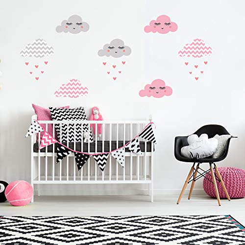 Photo 1 of Clouds and Hearts Wall Decals in Pink and Gray Chevron 43pcs - Rooms and Stickers
