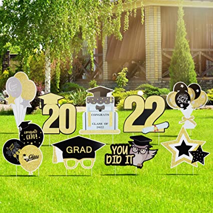 Photo 1 of  HOOJO 9 PCS Graduation Yard Signs with Stakes Decorations 2022, Gold and Black Congrats Grad Yard Sign for Outdoor Lawn Graduation Decor, College Graduation Party Supplies, Class of 2022 Yard Letters
