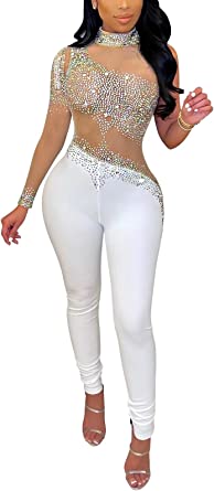 Photo 1 of Aro Lora Women's Sexy Long Sleeve See Through Rhinestone Bodycon Jumpsuit Romper Clubwear (Small, White)
