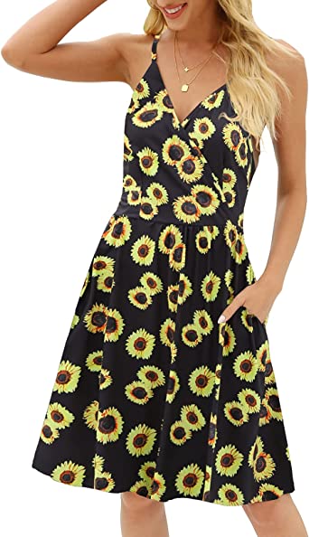 Photo 1 of CHERFLY Women's V Neck Adjustable Spaghetti Straps Summer Dress Sleeveless Flowy Mini Sun Dress with Pockets (Black Floral Yellow, Size XX-Large)
