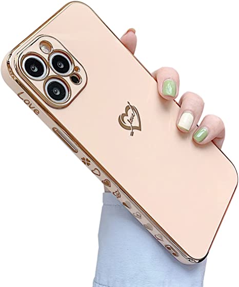 Photo 1 of PANZZDA Compatible with iPhone 13 Pro Case Cute for Women Girls, Soft Silicone Luxury Gold Plating Heart Pattern Slim TPU Protective Shockproof Cover with Camera Protection (6.1 Inch) (Pink)
