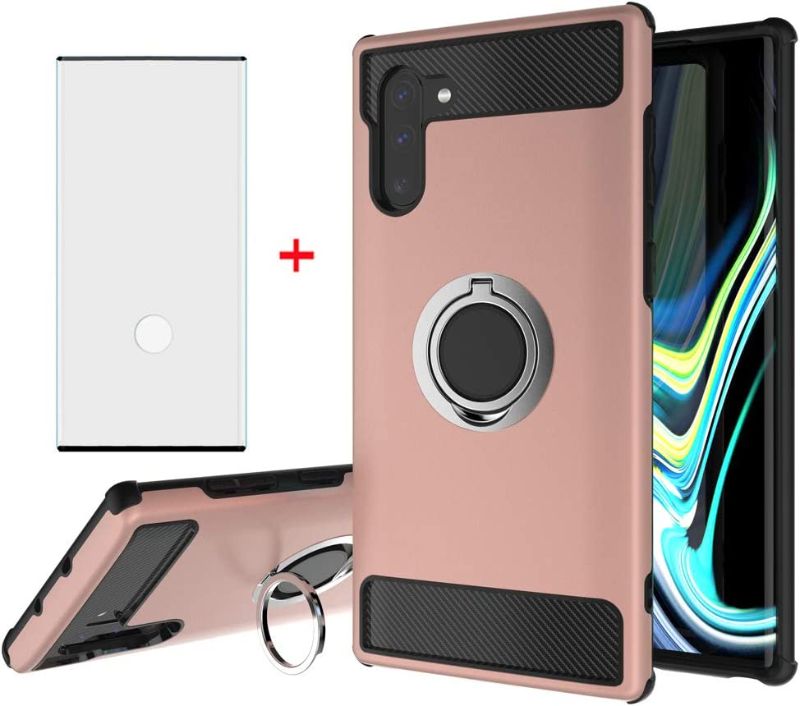 Photo 1 of Phone Case for Samsung Galaxy Note 10 with Tempered Glass Screen Protector Cover and Magnetic Ring Holder Stand Kickstand Cell Accessories Slim Hard Glaxay Note10 5G Notes 10s Ten Not S10 Cases Pink 2 pack
