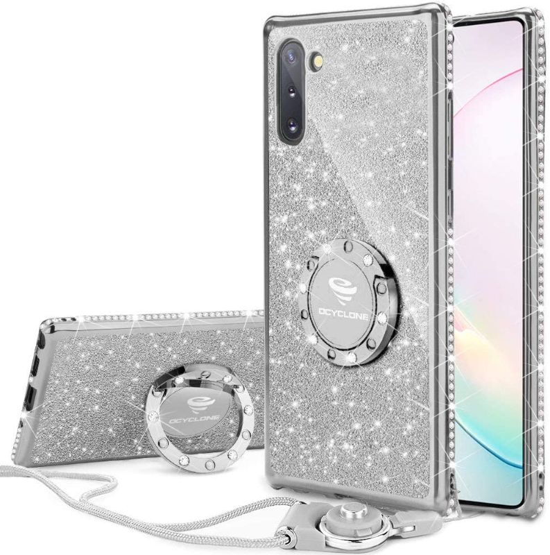 Photo 1 of OCYCLONE for Cute Galaxy Note 10 Case, Glitter Phone Case for Women Girls with Kickstand, Bling Diamond Rhinestone Bumper with Ring Stand Compatible with 6.3" Samsung Galaxy Note 10 - Silver 3 pack
